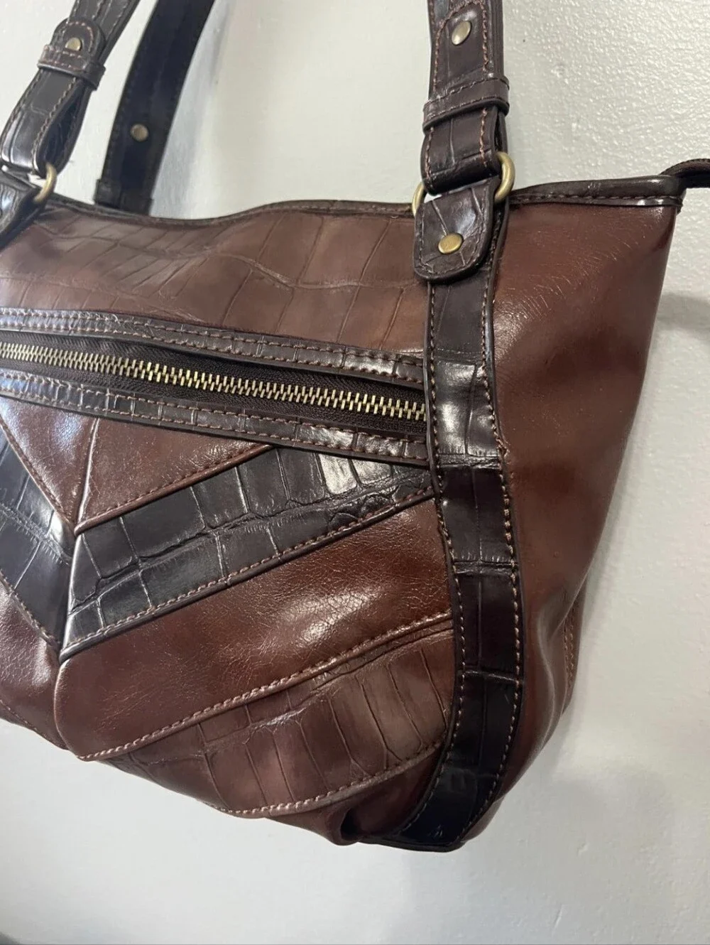 Relic Patchwork Brown Bag - Crocodile Skin Effect Women's Handbag. Vintage Y2K" - Picture 2 of 10
